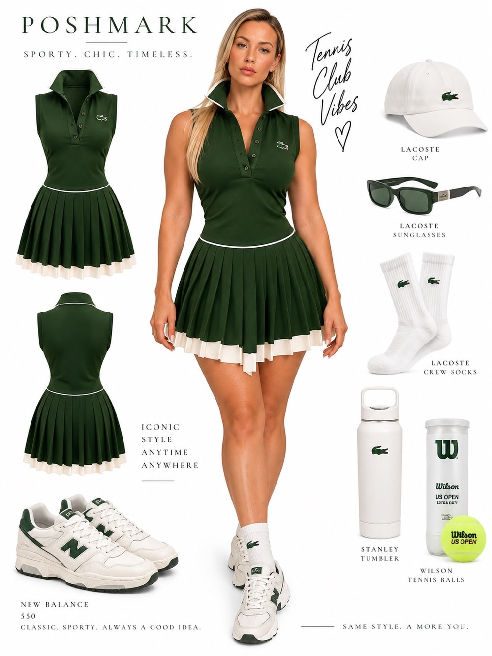 Lacoste Dark Green Sleeveless Pleated Tennis Dress with Cream Trim